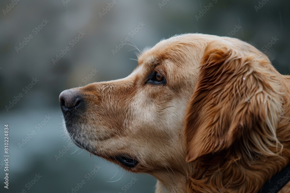 Golden retriever in a contemplative pose against a softly blurred natural background in gentle rain