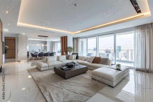 Spacious Luxury Living Room with Panoramic Cityscape and Modern Elegance