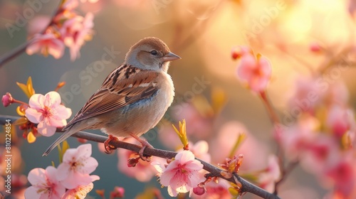 A small brown bird is perched on a branch of a pink flower tree. The bird is looking at the camera, and the scene is peaceful and serene © CaptainMCity