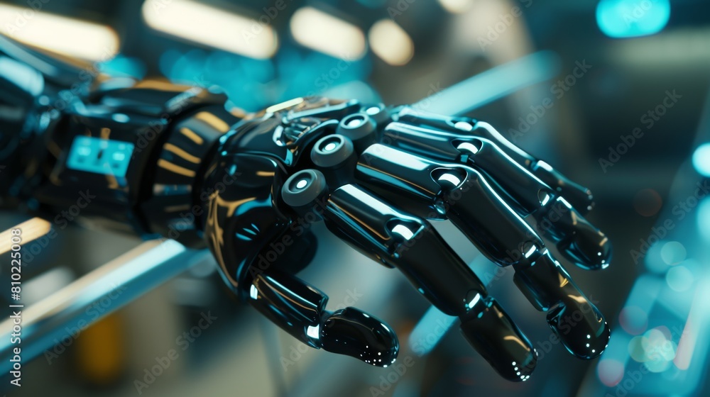 A detailed view of a futuristic robotic hand with a black glossy finish. A detailed view of a futuristic robotic hand with a black glossy finish.
