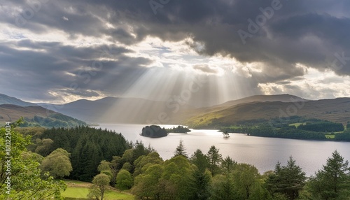 photograph showing dramatic light rays through the clouds over loch tay in scotland © Deven