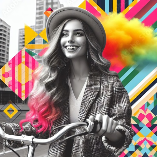  black and white photo collage of a happy young woman riding a bike in the city, wearing a yellow hat, long hair with pink tips, a checkered grey jacket, Generative AI photo