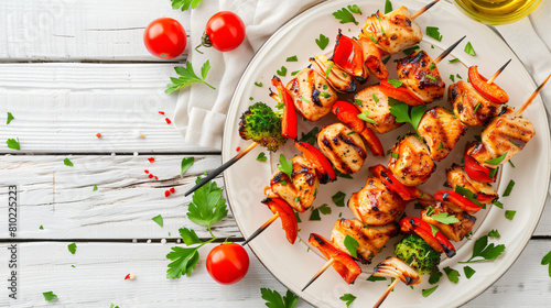 Plate of grilled chicken skewers with vegetables on white