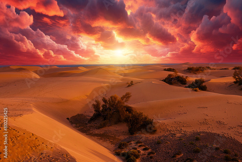 Breathtaking view of the maspalomas dunes in gran canaria under a vivid sunset sky, showcasing smooth sand patterns and tranquil nature ambiance