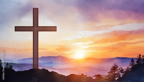 cross in the sky abstract easter sunday silhouette cross and spiritual sunrise watercolor illustration background © Deven