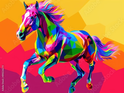 Experience the vibrant energy of a colorful horse in full gallop, isolated against a background in this striking vector illustration. With a polygon geometric pattern in pop art style