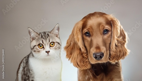 portrait of a kitten scottish straight and dog russian spaniel