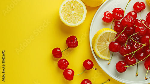 Plate of tasty maraschino cherries and lemon on yellow photo