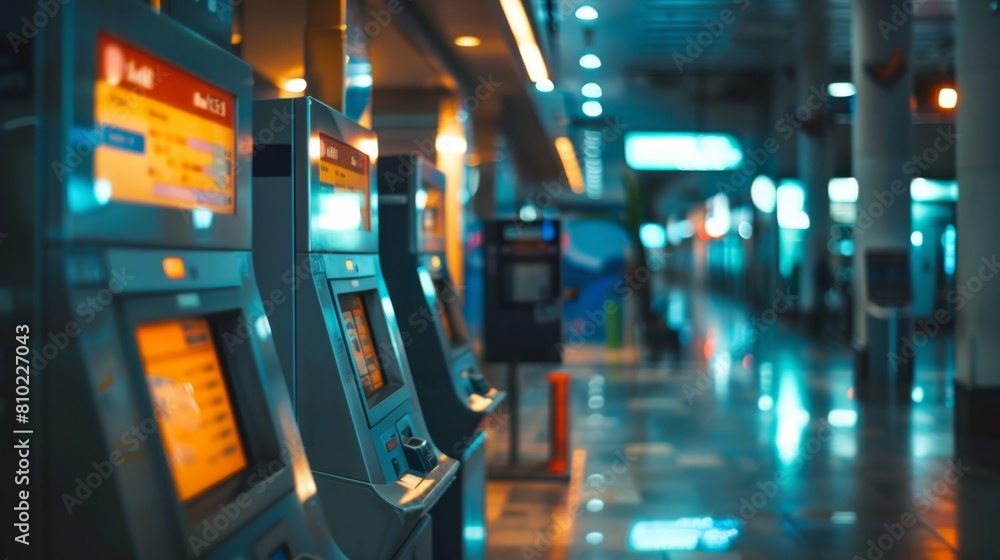 Self-service kiosks line up in an airport terminal under soft blue lighting. Self-service kiosks line up in an airport terminal under soft blue lighting.