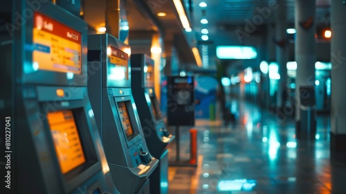 Self-service kiosks line up in an airport terminal under soft blue lighting. © Cassova