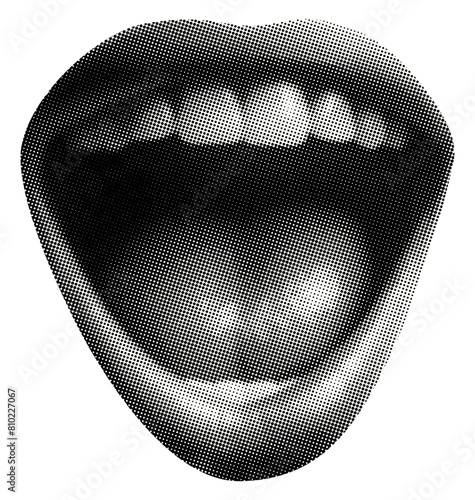 open mouth with lips tongue teeth isolated retro halftone dotted grunge collage element for mixed media design