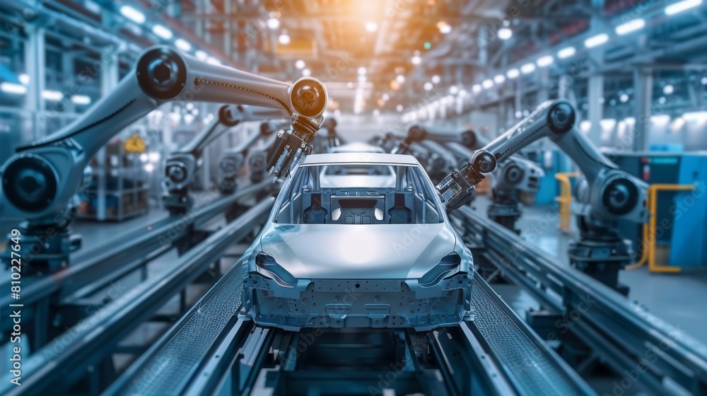 Robotic arms working on a car in a state-of-the-art automotive factory Robotic arms working on a car in a state-of-the-art automotive factory
