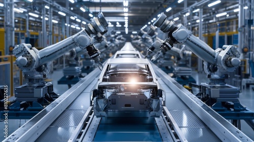 Industrial robots assembling a car on a highly automated production line photo