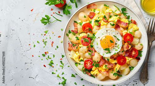 Plate of tasty potato salad with eggs tomatoes and background
