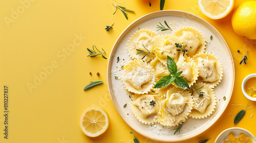 Plate of tasty ravioli with cheese on yellow background