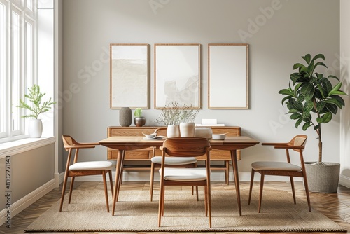 Mid-Century Modern Minimalist Dining Area Mockup: A minimalist dining area with mid-century modern furniture designs and retro-inspired decor accents © DarkinStudio