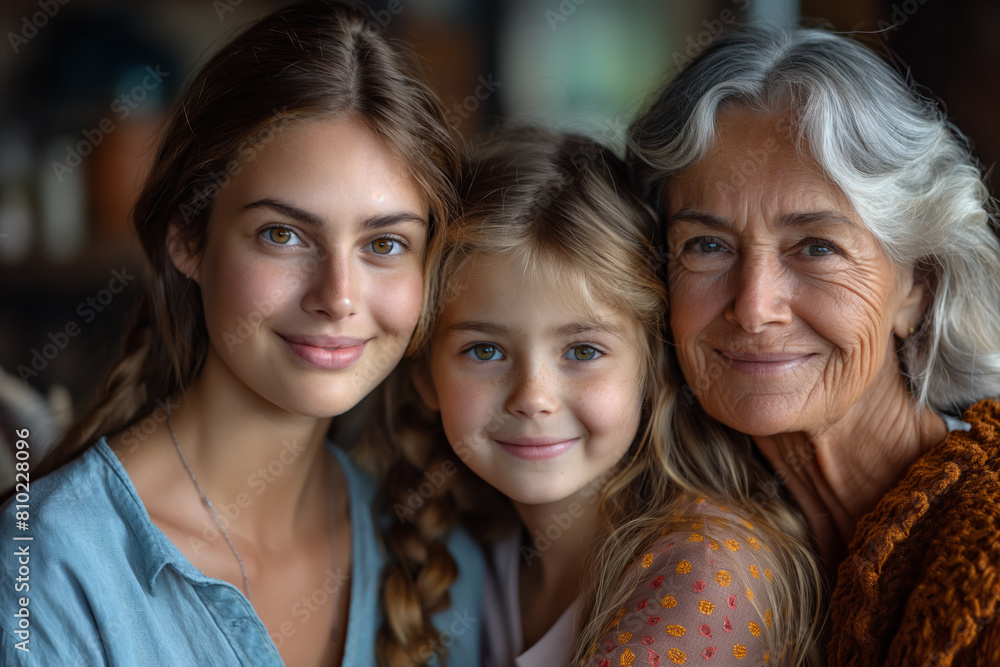 Three generations of women smiling together in a portrait Three generations of women smiling together in a portrait