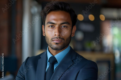 Confident businessman in a suit posing in office setting