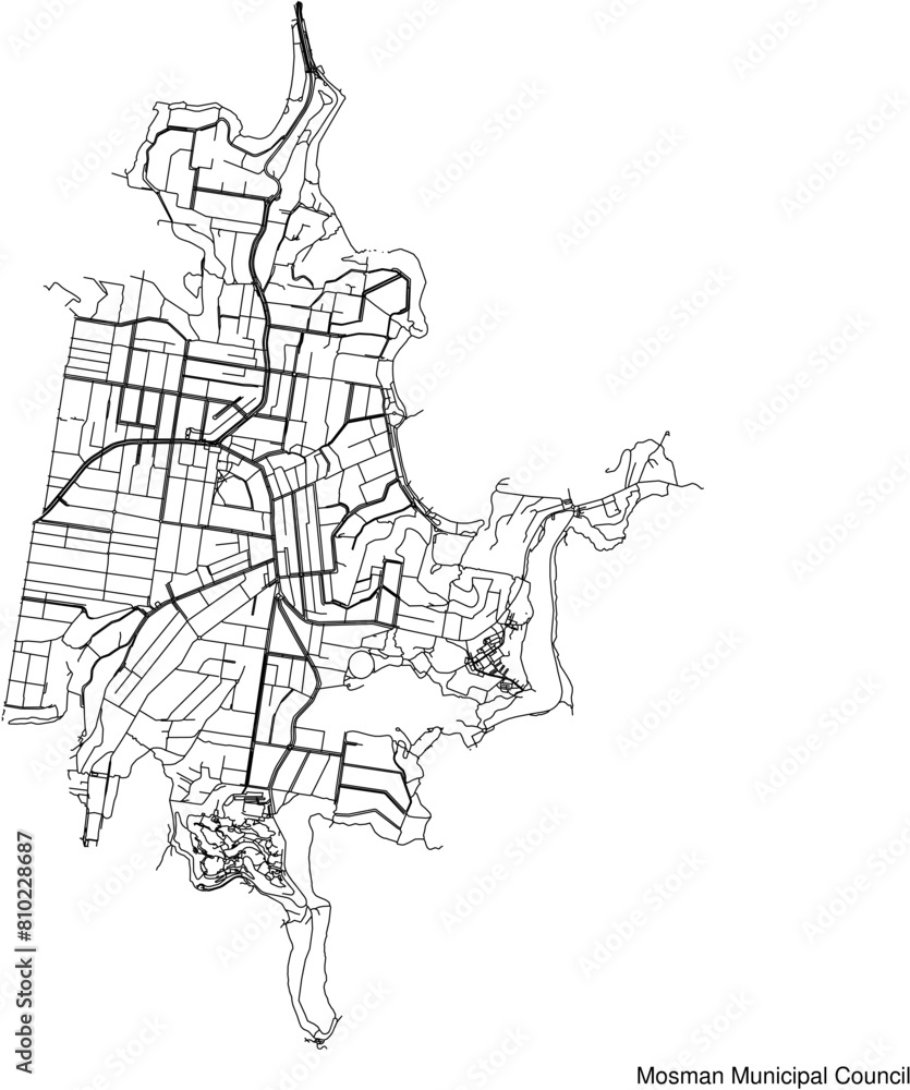 Street map of Mosman Municipal Council in Australia in black and white with title Street map of Mosman Municipal Council in Australia in black and white with title