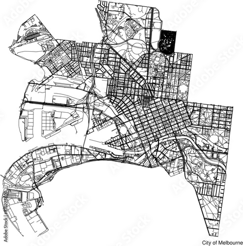 Street map of City of Melbourne in Australia in black and white with title