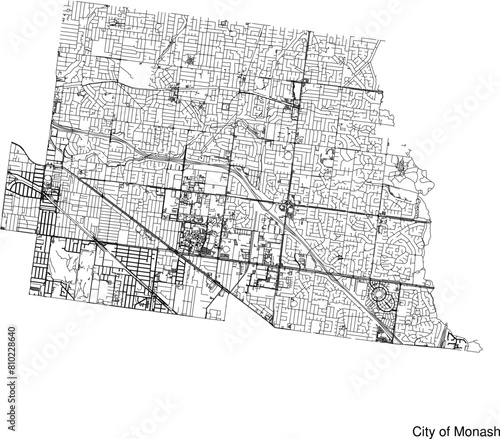 Street map of City of Monash in Australia in black and white with title