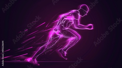 Neon stylized pink silhouette of a running man on a black background. The concept of sports, healthy lifestyle.