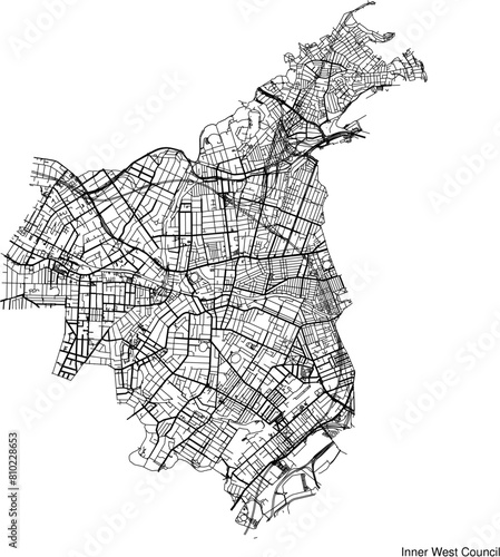 Street map of Inner West Council in Australia in black and white with title