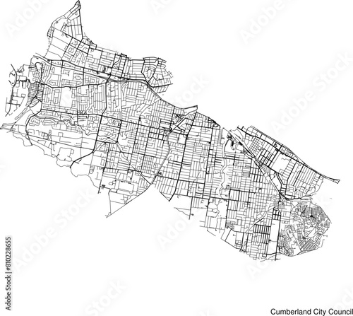 Street map of Cumberland City Council in Australia in black and white with title photo