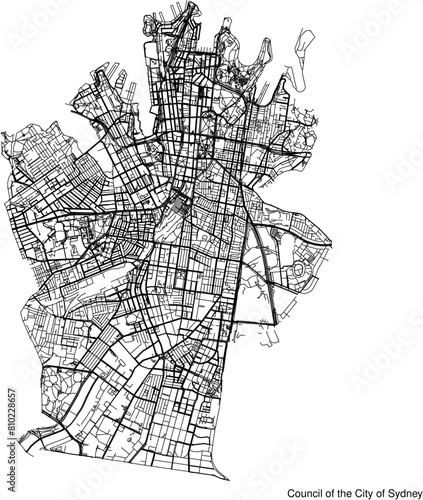 Street map of Council of the City of Sydney in Australia in black and white with title
