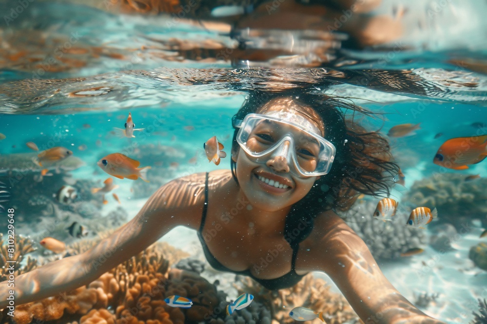 A young woman joyfully snorkeling in a vibrant coral reef, surrounded by colorful fish and crystal-clear waters, the scene softly blurred