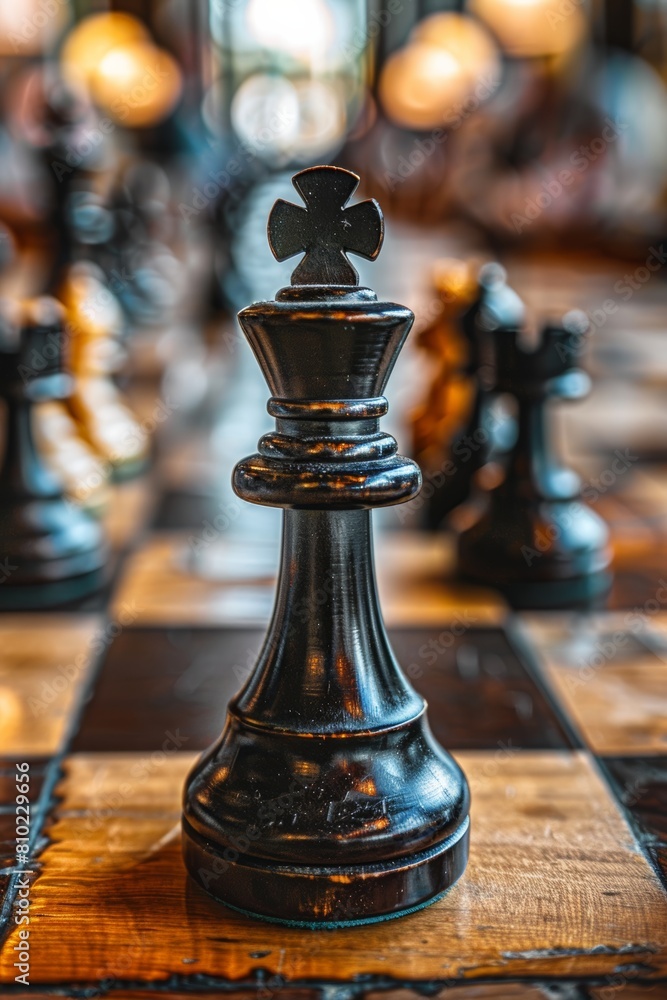 Fototapeta premium Chess Strategy Game with Closeup of King Piece on Wooden Chessboard, Intellectual Challenge and Focus