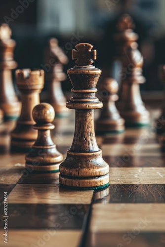 Chess Strategy Game with Closeup of King Piece on Wooden Chessboard, Intellectual Challenge and Focus