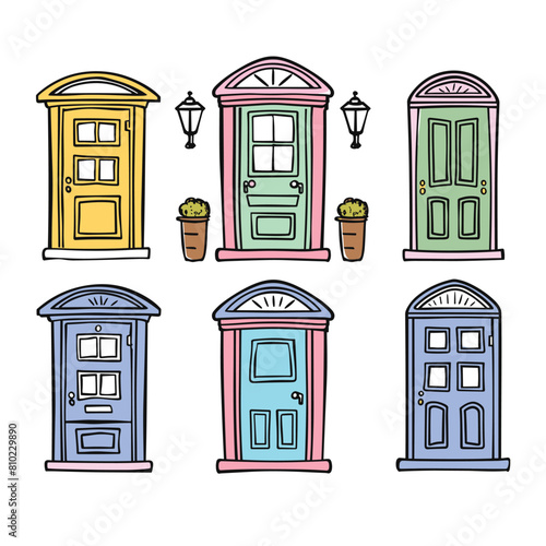 Colorful doors lined up street style, six diverse house entrances, cute urban concept. Handdrawn, cartoon doors set, different colors designs, home exterior decoration. Brightly illustrated doors