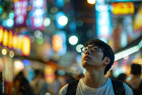 A young man enthusiastically exploring a bustling city street, surrounded by the hustle and bustle of urban life and the neon glow of signs, the scene softly blurred