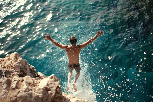 A young man excitedly diving into the ocean from a cliff  surrounded by the thrill of the plunge and the refreshing splash of water  the scene softly blurred