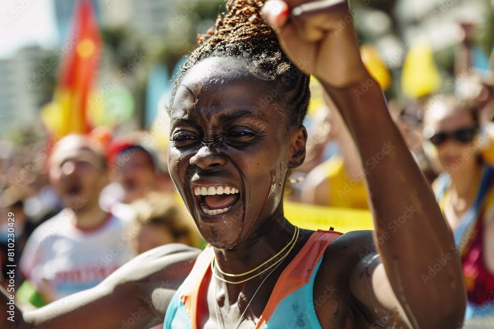 A woman with a determined look participating in a marathon, her face glistening with sweat as she crosses the finish line amidst cheering crowds and waving banners A woman with a determined look participating in a marathon, her face glistening with sweat as she crosses the finish line amidst cheering crowds and waving banners