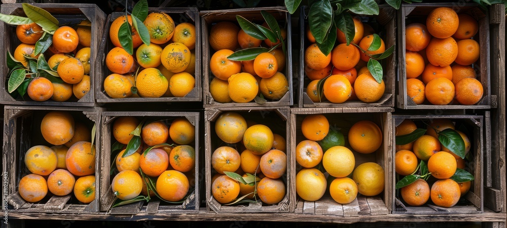 Orange in wooden crate photography top view. Freshly harvested Oranges nestled in a wooden crate. This horizontal banner poster showcases the bounty of a fall garden with Oranges