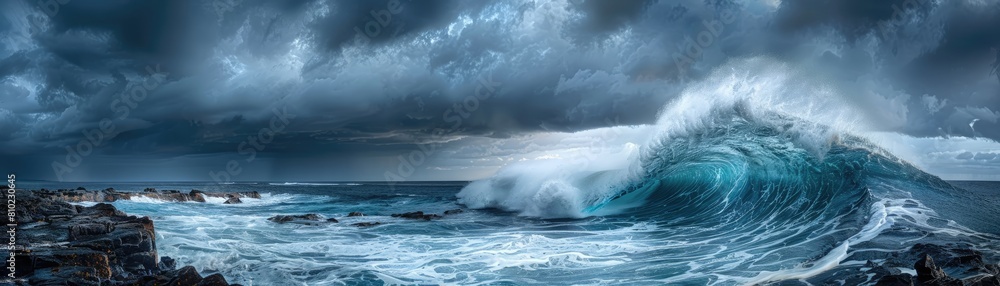 Fototapeta premium Intense and dramatic image of a large wave crashing into a rocky shore, with dark, stormy clouds overhead, showcasing the power of the ocean