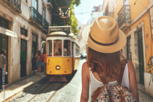 Woman Walking Next to Yellow Tram on Portugal Day