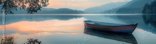 Serene Lake Reflecting Dynamic Dusk Shades with Floating Boat photo