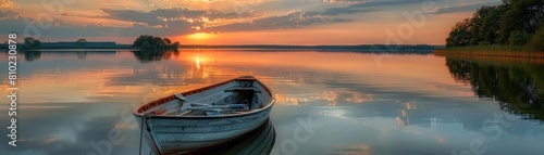 Serene Lake Reflecting Dynamic Dusk Shades with Floating Boat photo