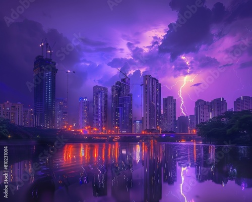 Experience the breathtaking scene of a lightning storm illuminating the cityscape with a captivating purple glow. Witness the fusion of natural power and urban beauty in this mesmerizing display