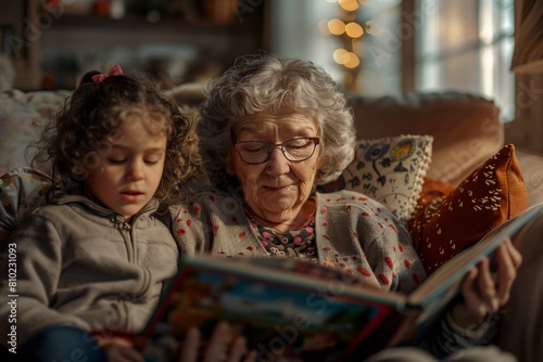 A senior woman contentedly reading a colorful storybook to her grandchildren in a cozy living room, surrounded by warmth and love, the scene softly blurred