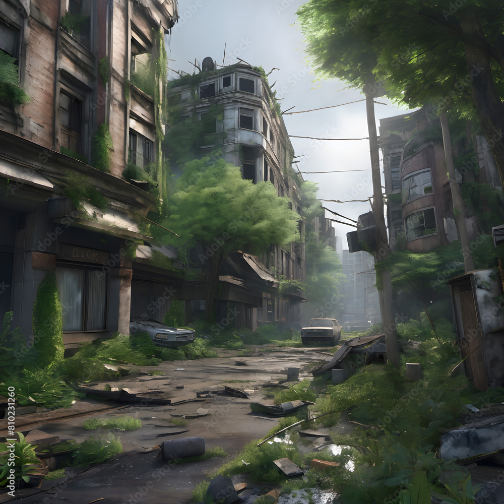 Sunlit Post-Apocalyptic City with Nature Overtaking Buildings Sunlit Post-Apocalyptic City with Nature Overtaking Buildings