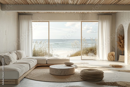 Coastal Minimalist Retreat Mockup: A serene retreat with panoramic views of the ocean, featuring minimalist furniture and coastal-inspired decor