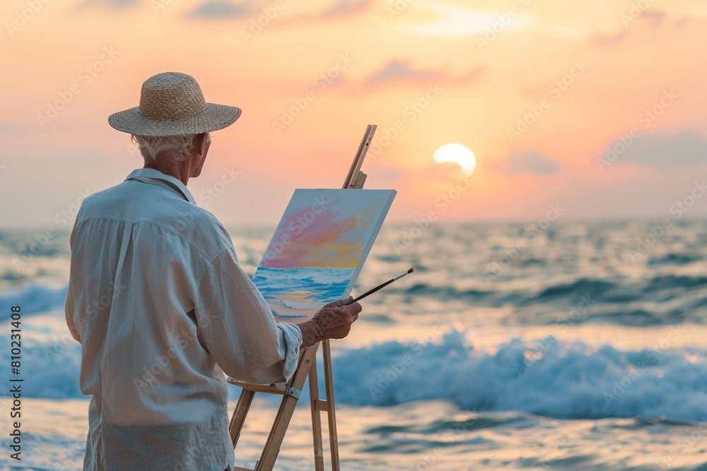 A senior citizen peacefully painting a colorful sunset on a tranquil beach, surrounded by crashing waves, the beach scene softly blurred