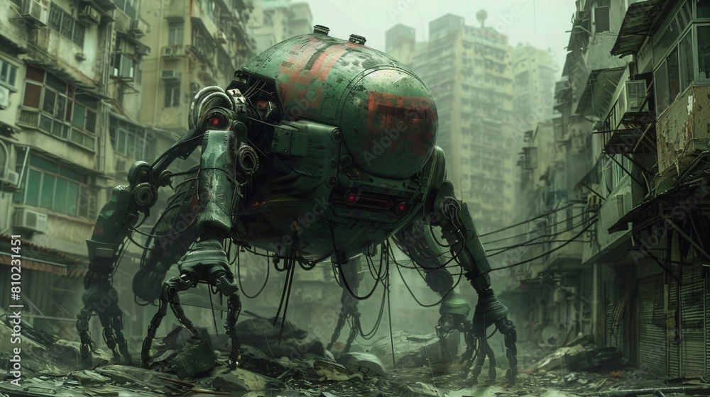 Fototapeta premium crazy futuristic robot in a old forgotten city