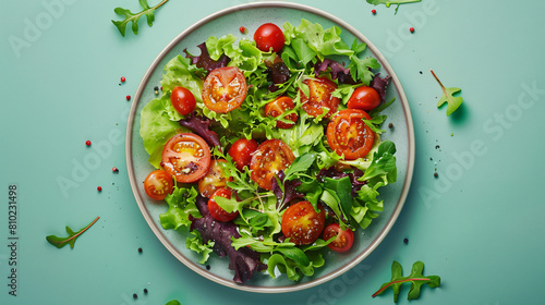 Plate with delicious salad on color background