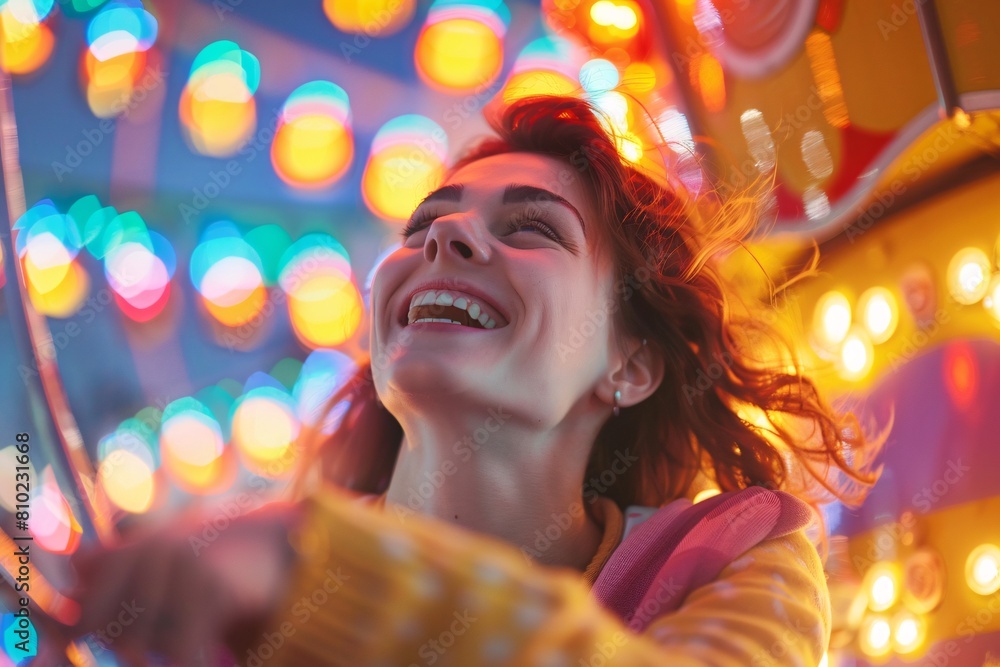 A person laughing joyfully while riding a colorful Ferris wheel at a lively carnival, the carnival lights softly blurred A person laughing joyfully while riding a colorful Ferris wheel at a lively carnival, the carnival lights softly blurred