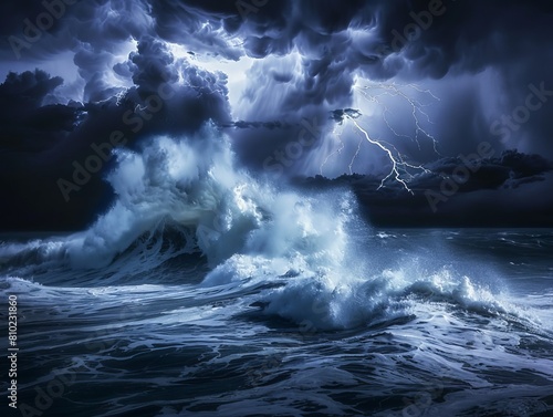 Immerse yourself in the intensity of a dark ocean storm raging under the cover of night, where crashing waves meet brilliant flashes of lightning